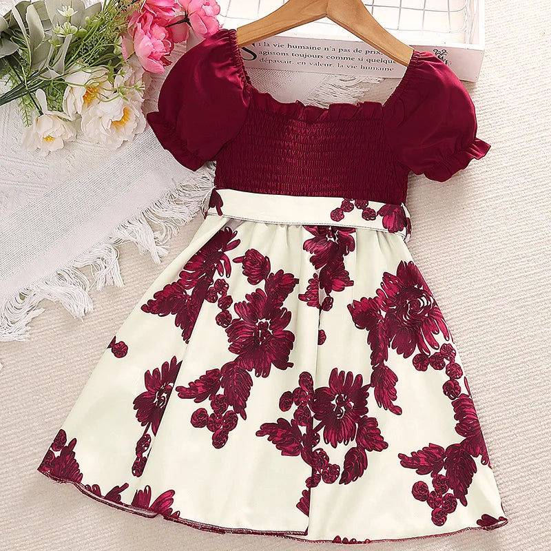 Girl dress Summer new sweet print patchwork bubble sleeve princess skirt birthday party dress girl baby children's clothing