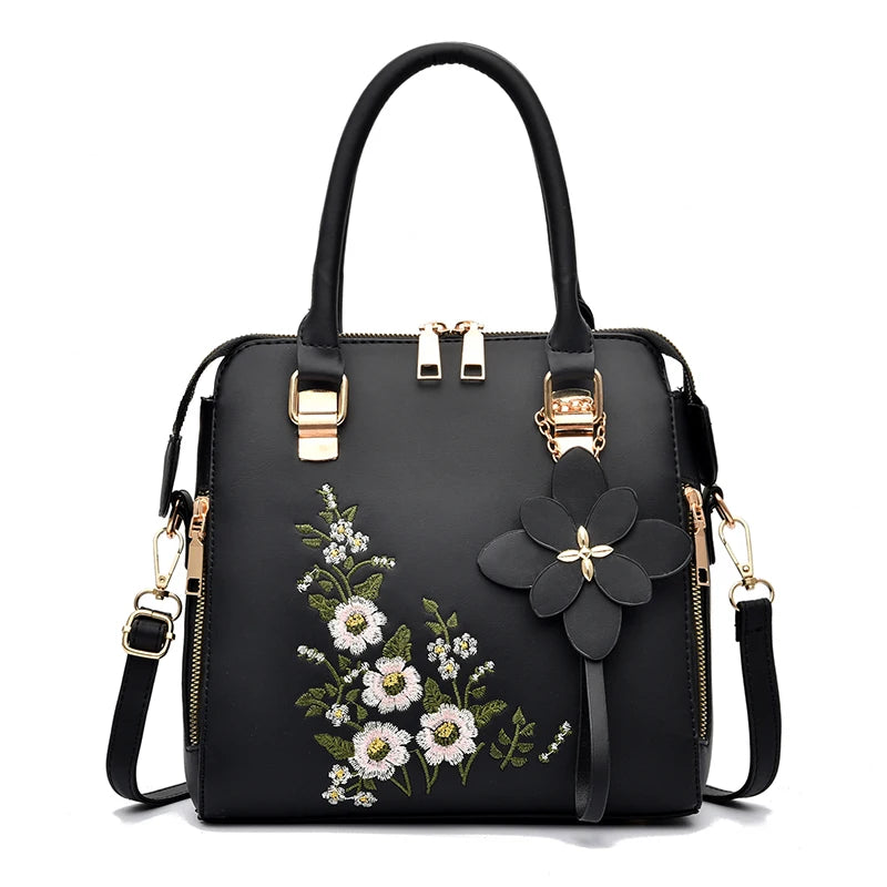 Floral Detail Shoulder Bag, Trendy Zipper Handbag For Work, Casual Crossbody Bag, Women's Floral Decor Purse