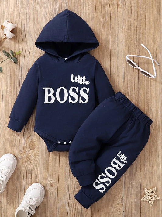 0-2 Years Newborn Baby Boy Hooded Suit 2Pcs Set Long Sleeve Letter Bodysuit+Pants Toddler Boy Autumn Sport Style Sweatsuit