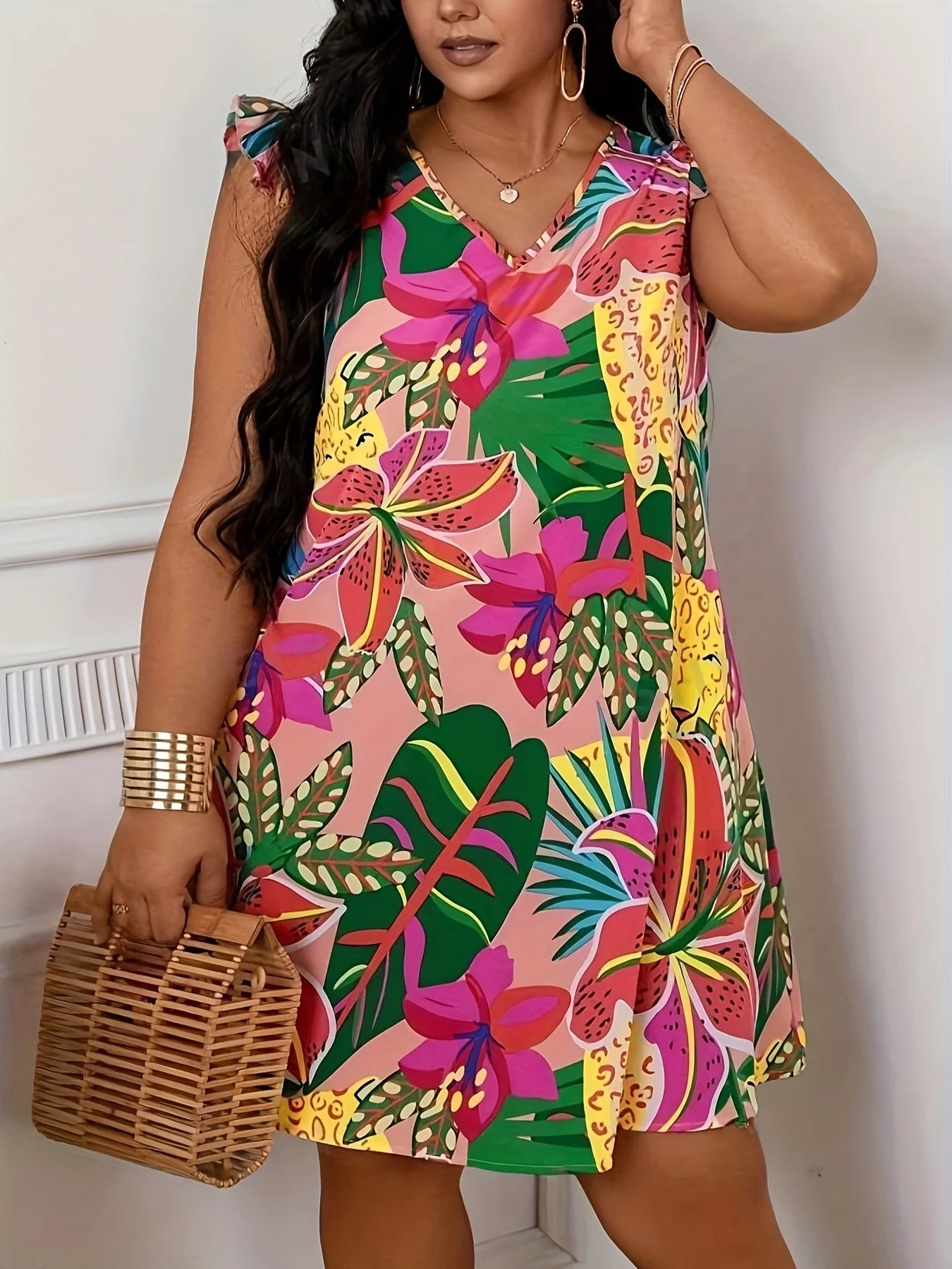 Plus Size Summer Vacation Dress for Women Casual Floral Print V Neck Curve Clothing Butterfly Sleeve Dresses