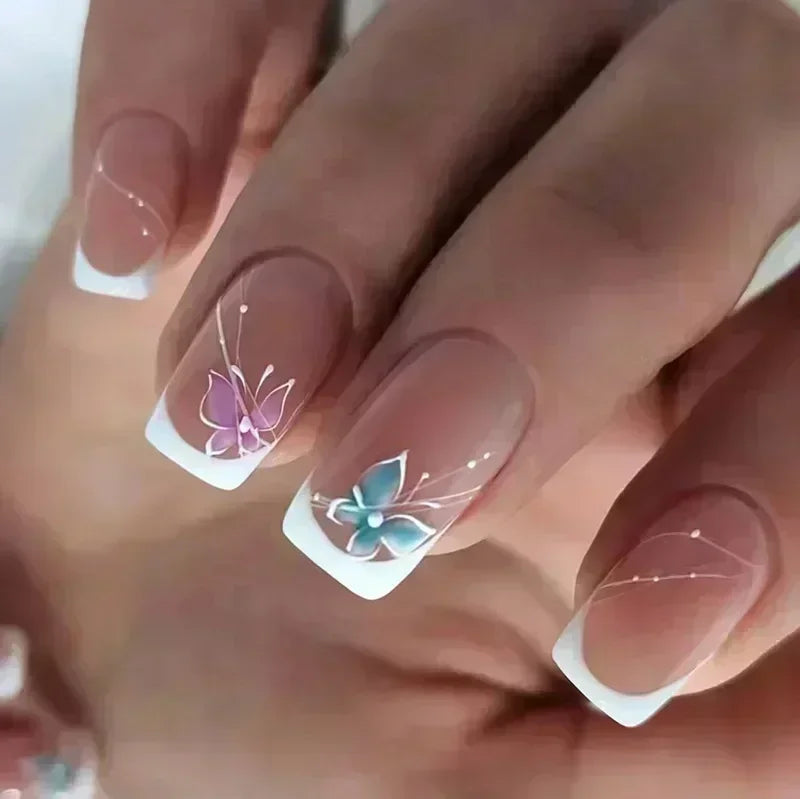 24Pcs Short Square Coffin False Nails Square Fake Nails with Glue French Glitter Wearable Acrylic Nails Set Press on Nail Tips