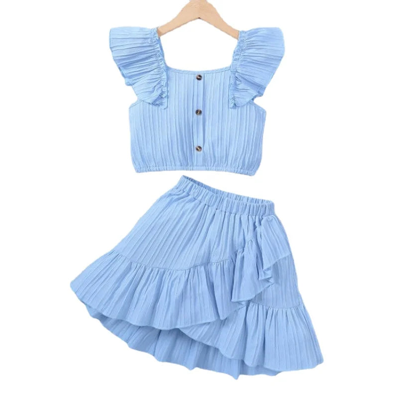 Kid Girls Summer Princess Clothing Set Flutter Sleeve Plain Color Tops+Short Skirt Sweet Style Party Wear For Child 8-12 Years