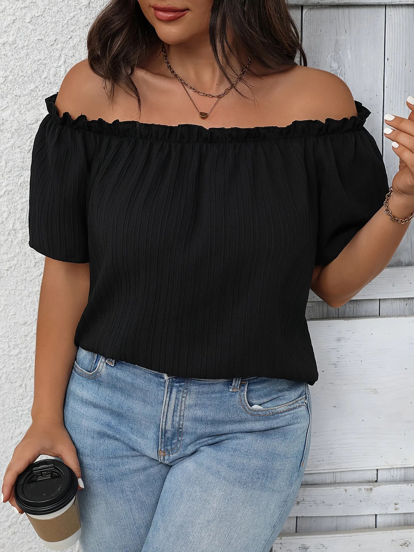 Plus Size Summer Women Elegant Shoulderless Shirt Casual Fashion Solid Tops Office Lady Curve Clothing