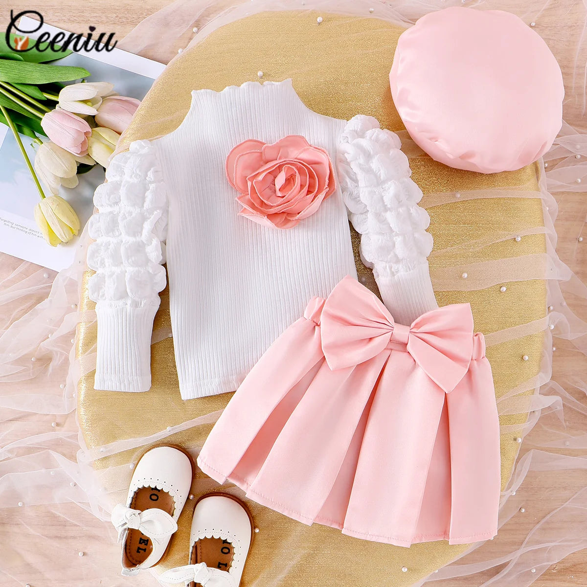 Ceeniu 0-3Y Baby Pink Heart Outfit Long Sleeve High Neck Pink Rose Top and Bow Skirt+Hat 3pcs Toddler Clothing Sets For Girl