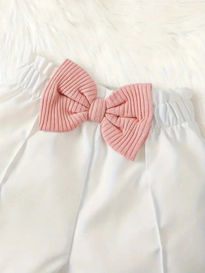 Cute Baby Girl Outfit - Pit Strip Collared Bow T-shirt and White Bow Shorts Set for Summer Outings