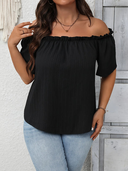 Plus Size Summer Women Elegant Shoulderless Shirt Casual Fashion Solid Tops Office Lady Curve Clothing