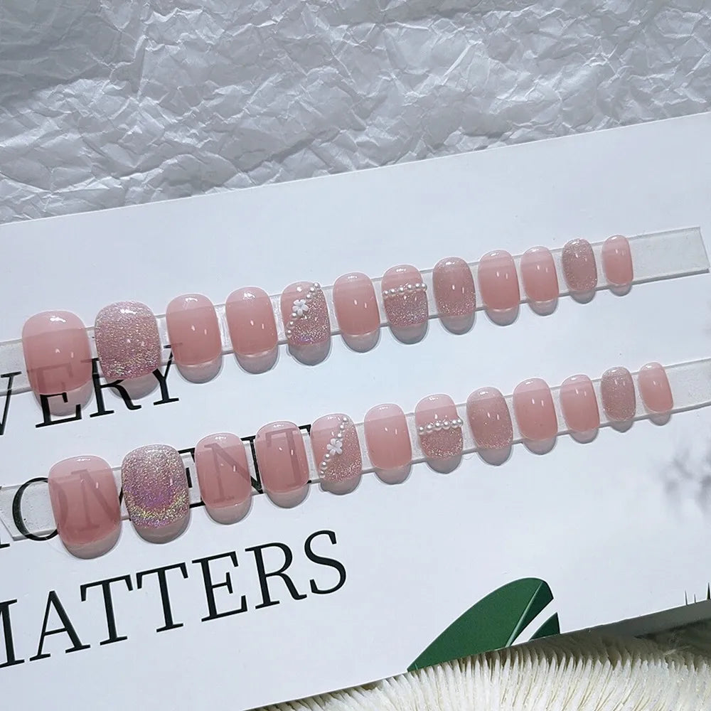 24Pcs Short Round Head Ballet Manicure Press On Nail Full Cover Artificial Coffin Fake Nails Wearing Reusable False Nails Art