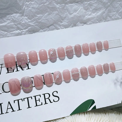 24Pcs Short Round Head Ballet Manicure Press On Nail Full Cover Artificial Coffin Fake Nails Wearing Reusable False Nails Art