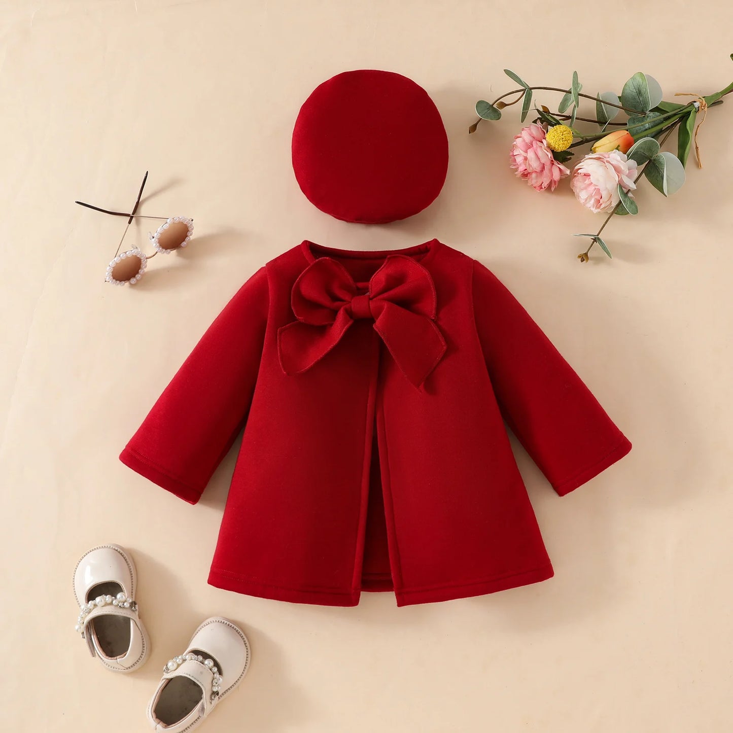 Autumn and winter baby girl bows decorated solid color fashion coat