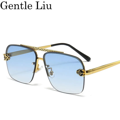 Square Rimless Sunglasses Men 2025 Luxury Brand Oversized Frameless Retro Sun Glasses For Male Leopard Head Shield Eyewear UV400