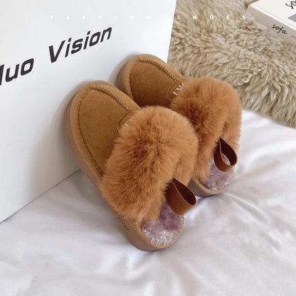 Winter Kids Fur Slippers Korean Elastic Band Girls Cotton Shoes