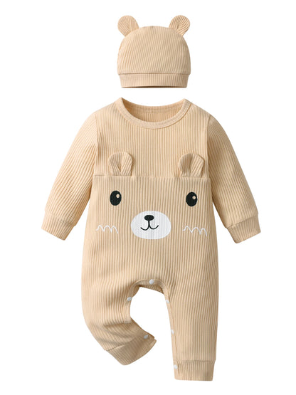 Newborn infant Baby Boy Romper Little Bear Pattern Long Sleeve Romper Jumpsuit and Hat Clothes Cute Outfit for Boys