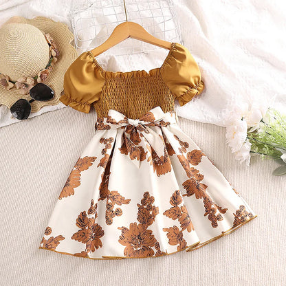 Girl dress Summer new sweet print patchwork bubble sleeve princess skirt birthday party dress girl baby children's clothing