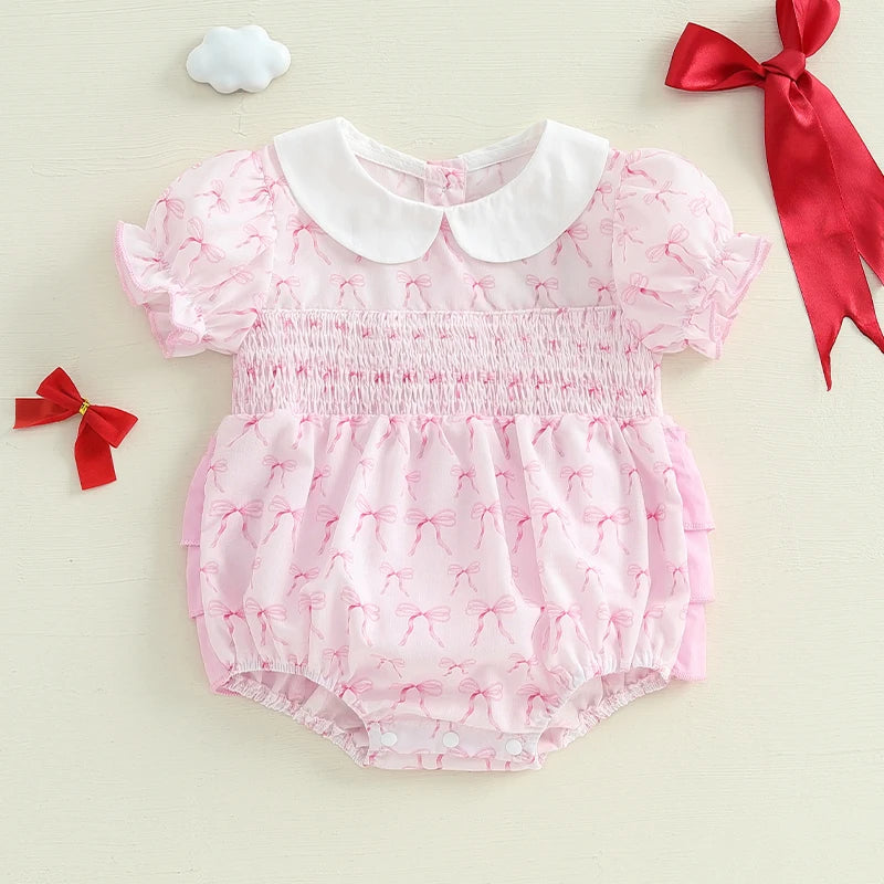 Newborn Baby Girl Romper Outfit Bow Embroidery Short Puff Sleeve Smocked Bubble Romper Doll Collar Bodysuit Jumpsuit Clothes