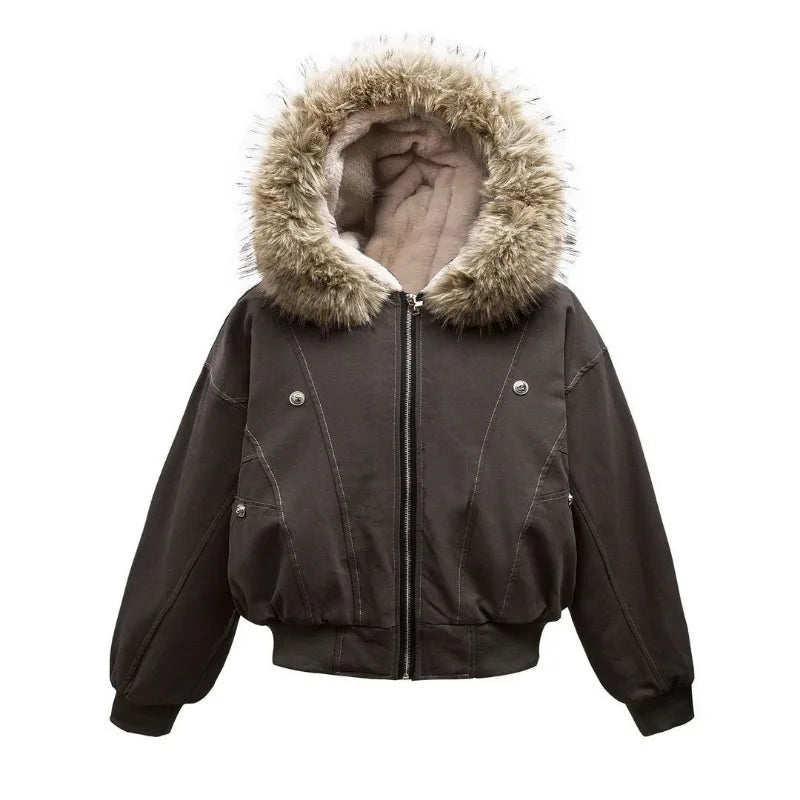 Y2K New American Cleanfit Fur Collar Imitation Mink Fur Hooded Cotton-padded Jacket Men Gothic Retro Hip-hop Short Tooling Coat