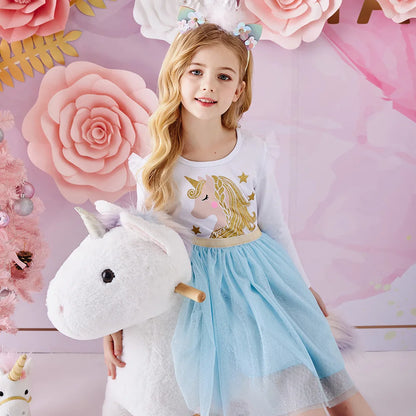Kids Licorne Cartoon Print Dress Girls Flare Sleeve Autumn Spring Winter Vestidos Girls Princess Mesh Tulle Party Dress