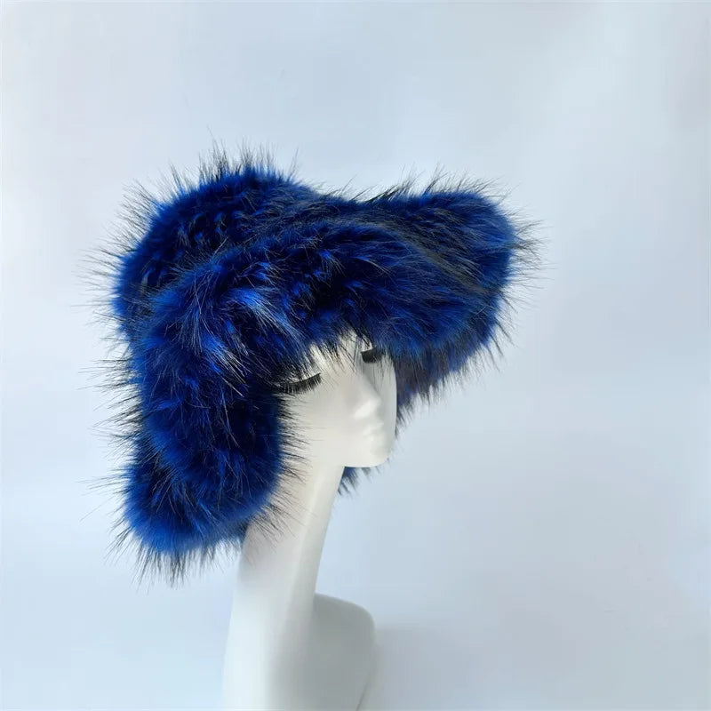 Fur bucket hat and bag set Women's warm plush autumn and winter hat Punk style imitation raccoon fur basin hat and handbag