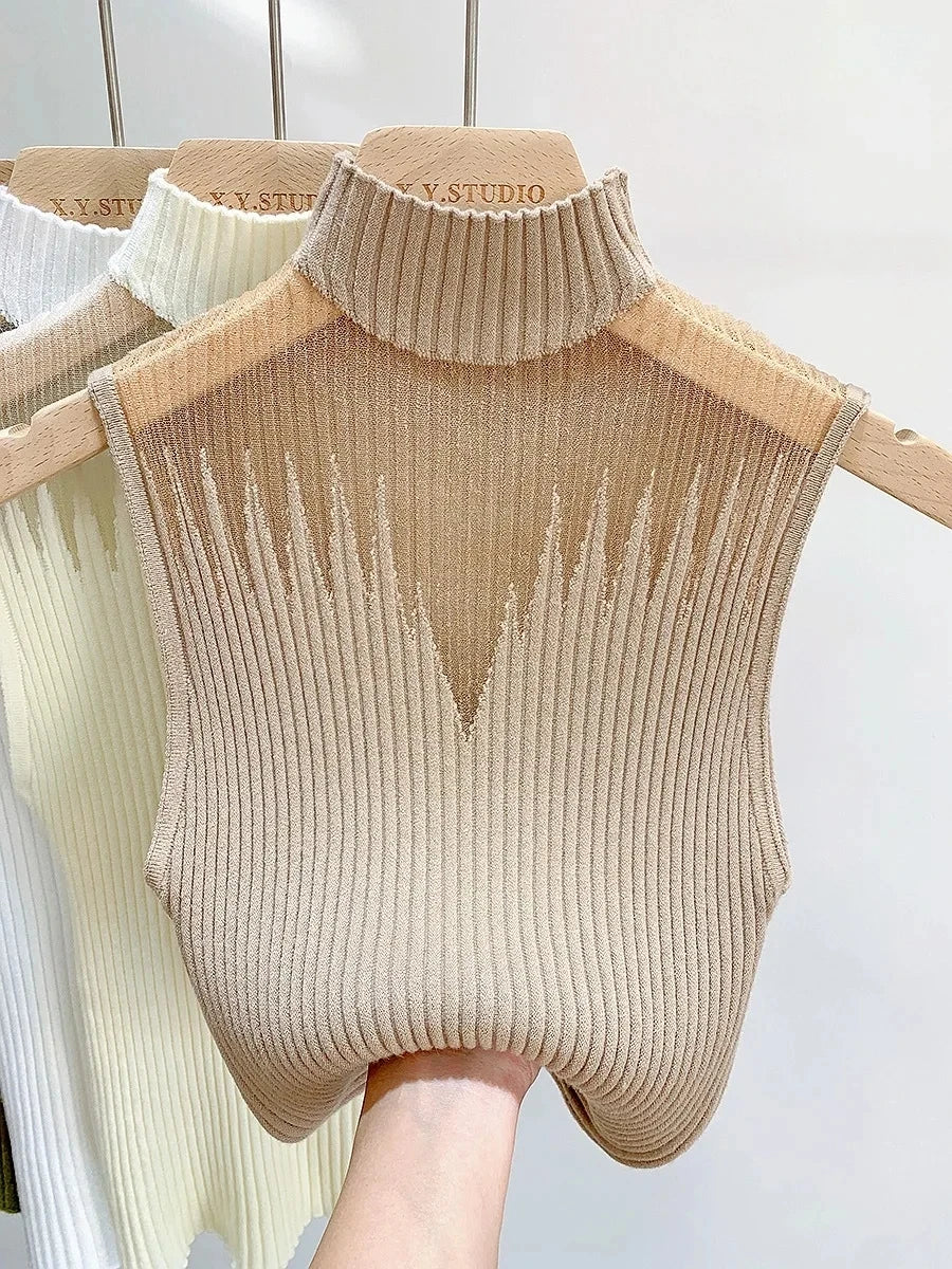 Mesh Knitted Top Half Neck Vest Sleeveless Sweater