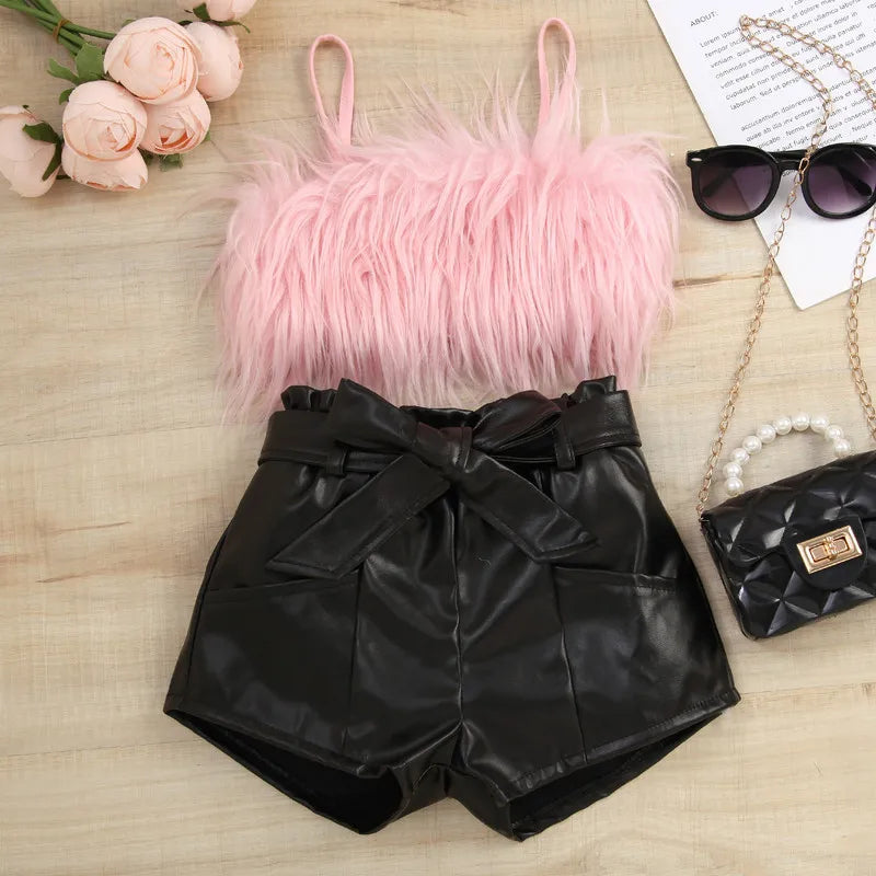 Kid Girl Shorts Sets Outfits Fashion Clothes for Teenager Sleeveless Plush Decor Sling Tops Elastic Waist Shorts with Belt Set