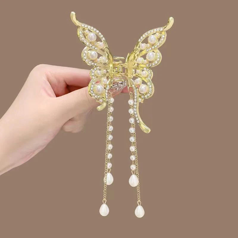 Exquisite Rhinestone Butterfly Fringe Hair Claw Clips Korean New Ponytail Braid Pearl Hairpin Girl Crab Metal Headdress Gift