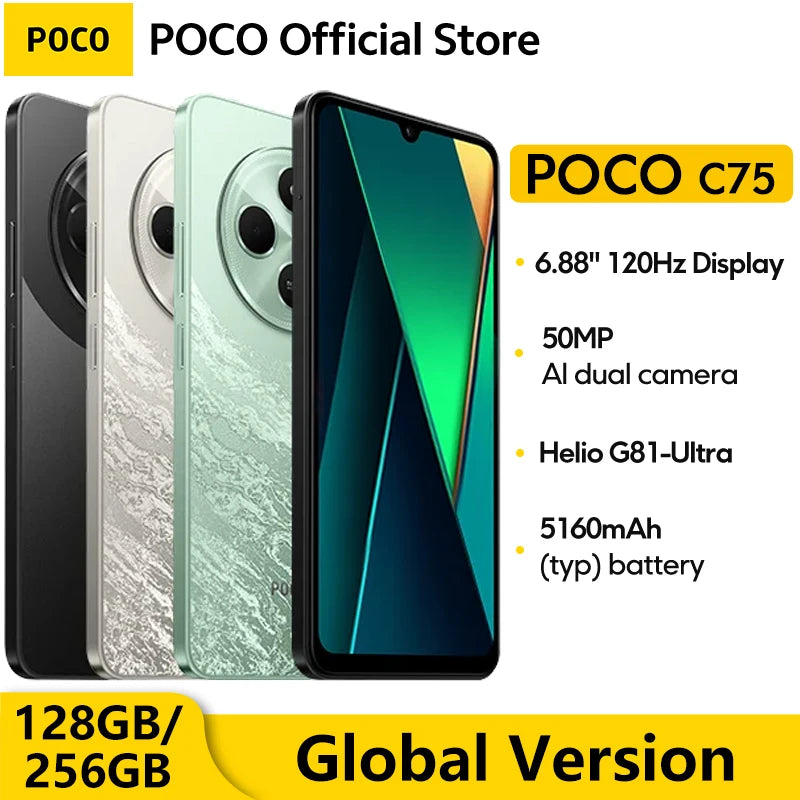 POCO C75 Global Version Smartphone NFC 128GB 256GB 6.88" Dot Drop Display Helio G81-Ultra 50MP Camera Massive 5160mAh Battery