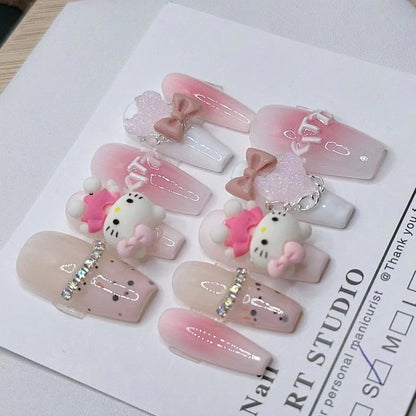 10Pcs Handmade Press on Nails Pink Hellokitty Charm Love Bow Decorated Fake Nail Patch Finished Fingernails Tips Manicure Art