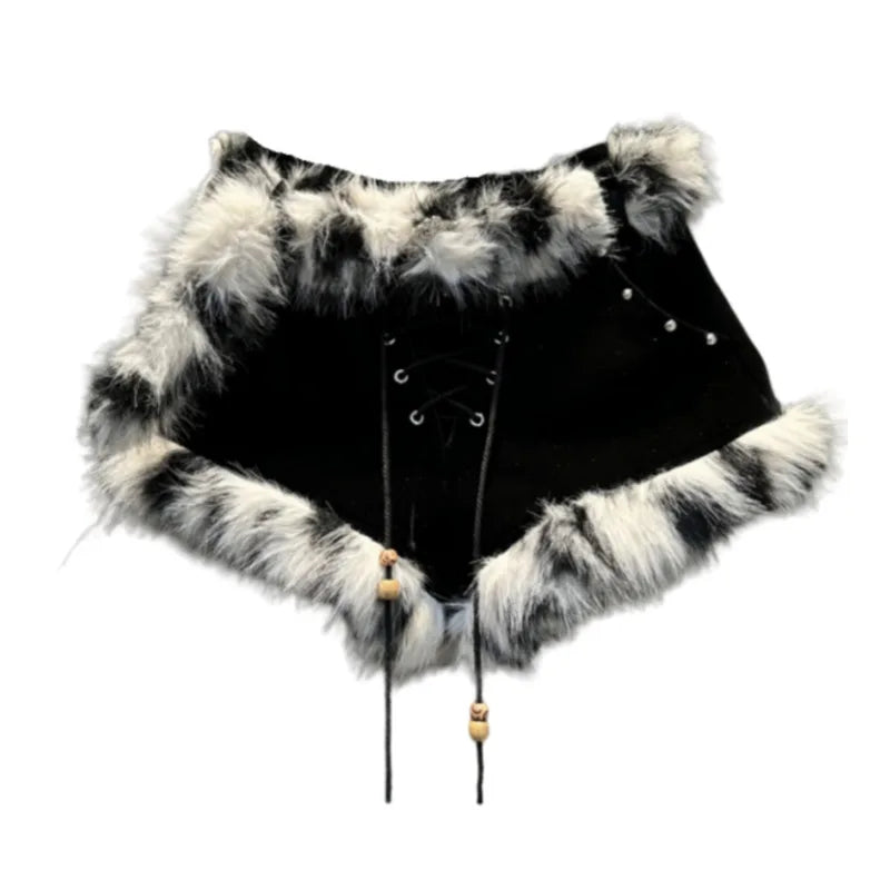 DEAT Fashion Women's Velvet Spliced Contrast Color Fur Shorts Low Waist Wide Leg Lace-up Short Pants Female 2024 Winter 29L9161