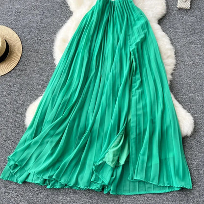 Elegant Hollow Out Pleated Off Shoulder Off Waist Split Dress Vacation Diagonal Collar Women Ceremonial Vestidos Dresses