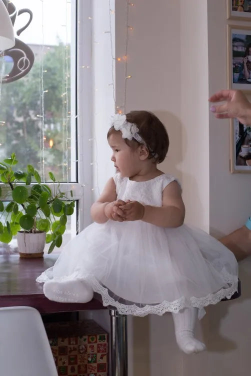 Baby Girl Baptism Dresses Toddler White Lace Flower Tulle Christening