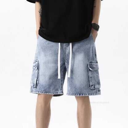 Summer Retro Fashion Denim Shorts for Men Loose Straight Leg Multi-pocket Short Jeans With Elastic Waist and Drawstring Male