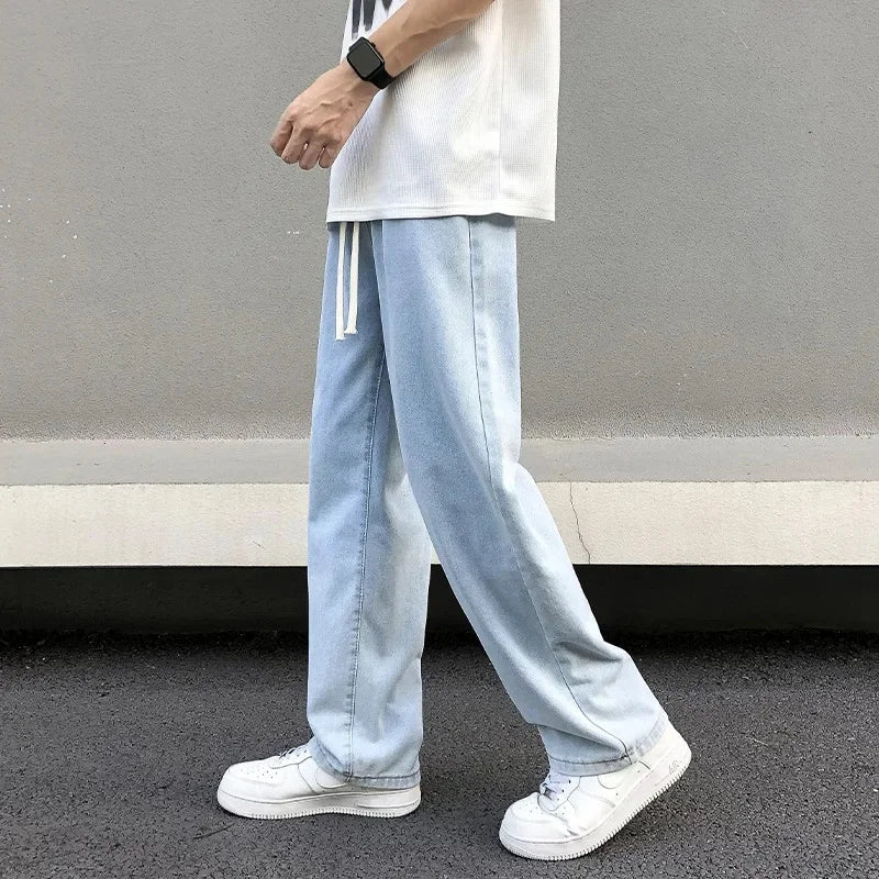 Casual Straight-Leg Jeans Men's Spring New Loose-Fit Elastic Waist American Style Wide-Leg Trousers New Arrival High Street Fash