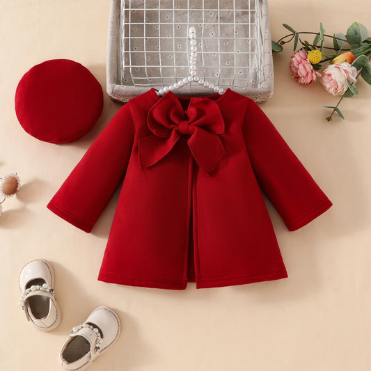 Autumn and winter baby girl bows decorated solid color fashion coat