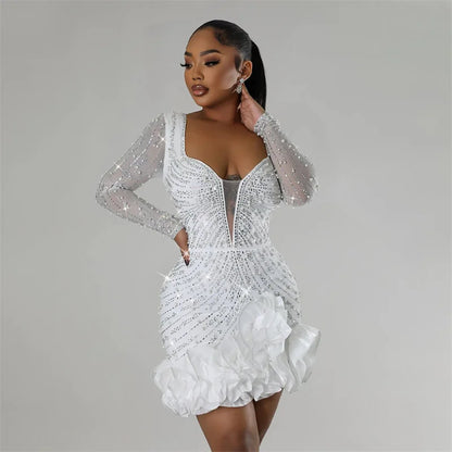 New Women Mesh Sleeve Bodycon Sexy Diamonds Birthday Party Dress Tierred Ruffles Rhinestone Pearls Night Club Dress Pink