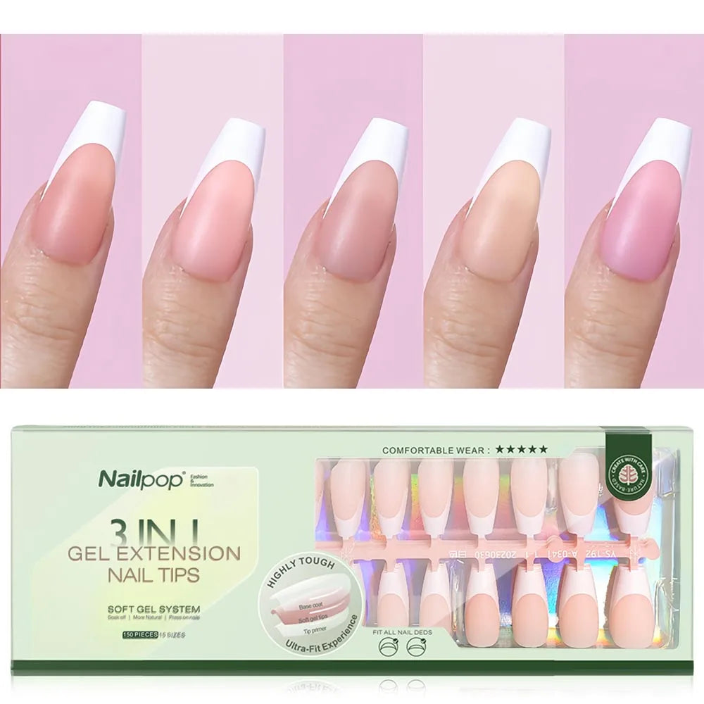 NAILPOP 150PCS Short Coffin Press on Nails 3 in 1 Coat Soft Gel Nail Tips French Tip Press on Nails 15 Sizes of Nail Art DIY