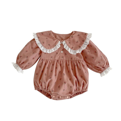 2024 Autumn Infant Baby Girls Full Sleeve Peter Pan Collar Lace Ruched Floral One-piece Newborn Kids Jumpsuits Toddler Bodysuits