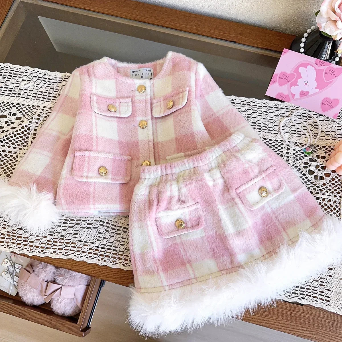 Girls' Suit Winter New Korean Version of Girls' Pink Small Fragrance Long-sleeved Coat + Skirt Two-piece Set  Girl Clothes