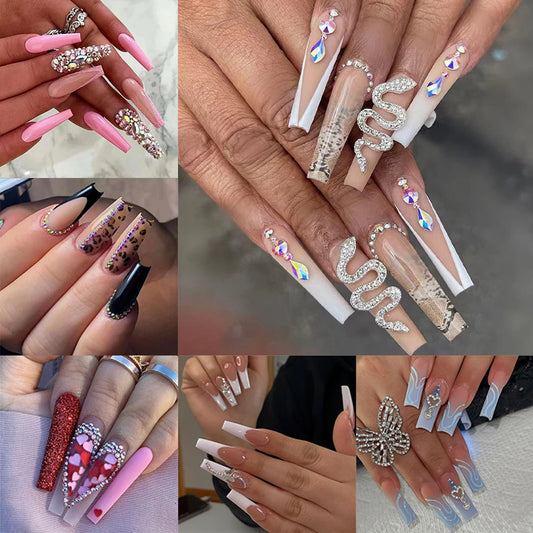 24pcs Artifical Fake Nails Long Coffin French Ballerina Wearable False Nail Tips Finished Rhinstones Flower Design Press on Nail
