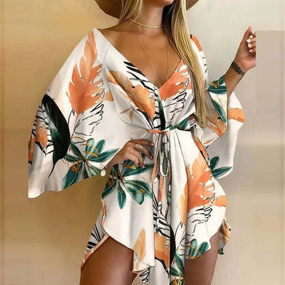 New Summer Beach Elegant Women Dresses Sexy V Neck Lace-up Floral Print Mini