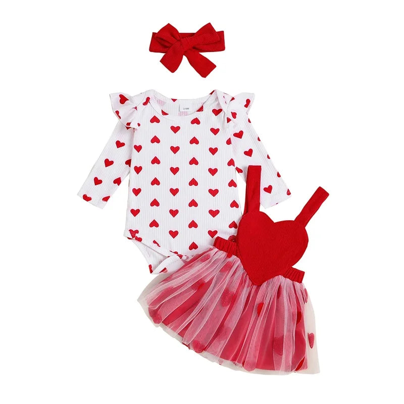 Toddler Baby Girl Valentine's Day Outfits Heart Print Long Sleeve Romper Suspender Skirts Headband 3Pcs Toddlers Spring Clothes