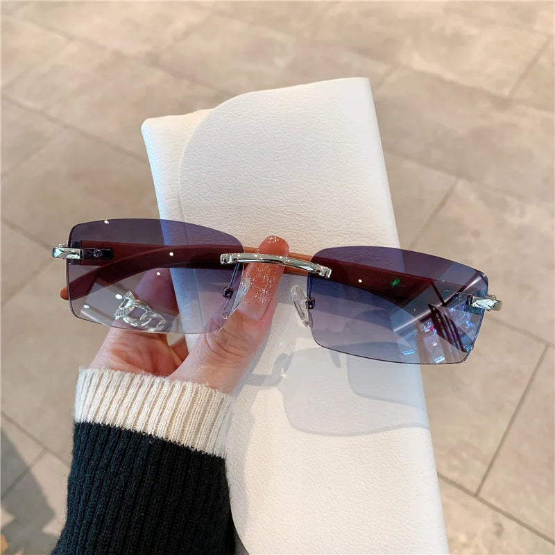 KAMMPT Rimless Sunglasses For Men Women Wooden Pattern Luxury Brand Retro Sun Glasses Fashion Shades UV400 Travel Outdoor