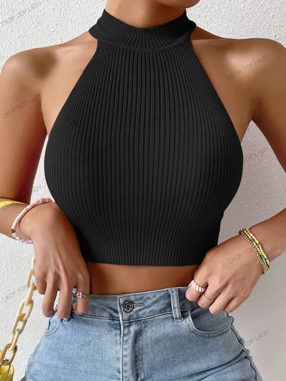 14Colors Women Basics Solid Casual Ribbed Knit Sleeveless Corset Halter Crossfit Crop Top Y2k Clothes Femme Stretch Cropped Tank