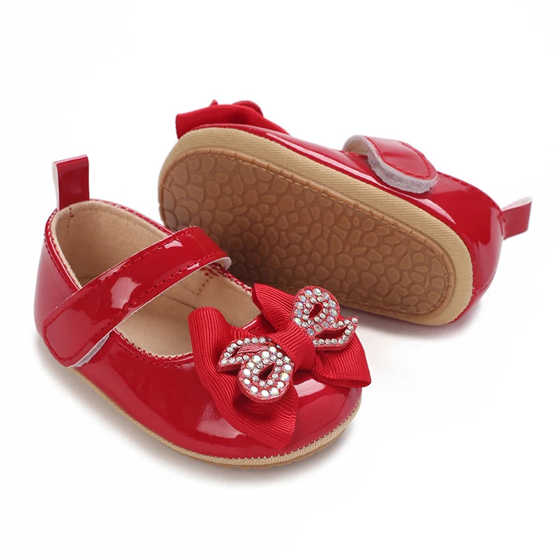 Newborn Baby Shoes Baby Girl Shoes Girl Classic Red Bowknot Rubber Sole Anti-slip PU Dress Shoes First Walker Toddler Crib Shoes