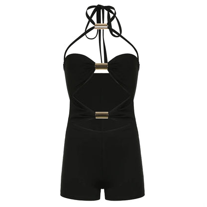 BIIKPIIK Sexy Hollow Out Women Playsuits Fashion Metal Rings Backless Skinny Rompers Vacation Club Black Overalls Midnight Party