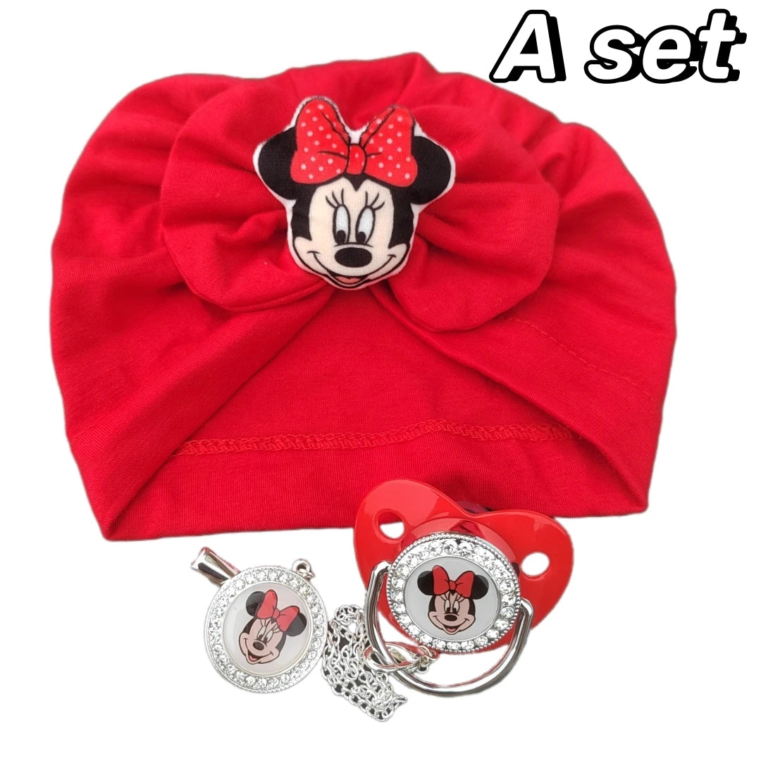 Red shiny baby silicone pacifier Weaning Comfort Nipple Soothing Silver chain pacifier clip Baby cartoon 3D printed hat gift