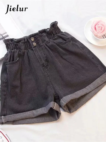 Jielur Summer Black Women Denim Shorts Women S-5XL Harem Ruffled White Blue High Waisted Shorts Female Elastic Short Jeans