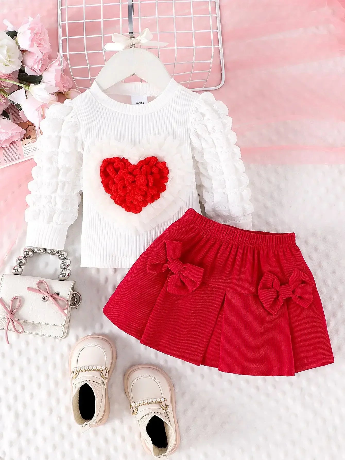 Ceeniu 0-3Y Baby Pink Heart Outfit Long Sleeve High Neck Pink Rose Top and Bow Skirt+Hat 3pcs Toddler Clothing Sets For Girl