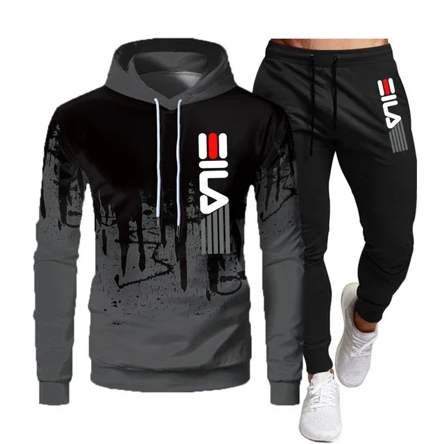 New men's autumn and winter hoodie + pants two-piece set,2025 fashion outdoor fishing casual print jumper, men's sportswear