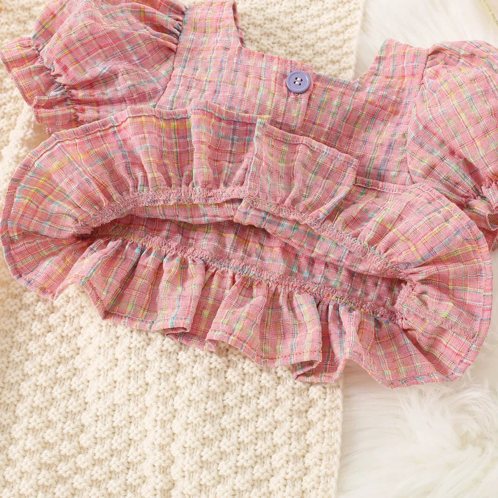 (0-3 Years Old) Summer Baby Girl Cotton Color Plaid Bubble Sleeve Top And Shorts Set Cute Princess Style Two-Piece Set For Girls