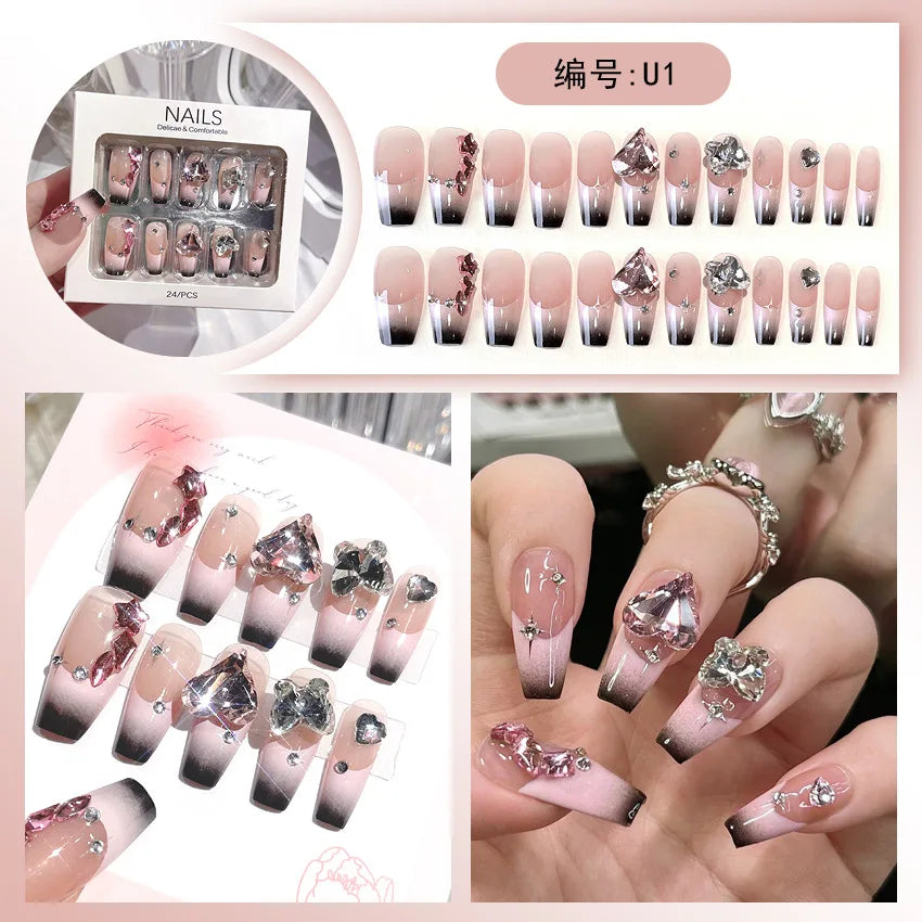 24pcs/box Luxury Pink Long Coffin Fake Nails Y2K Moon Star Rhinestones Press On Nails Handmade Full Cover Reusable False Nails