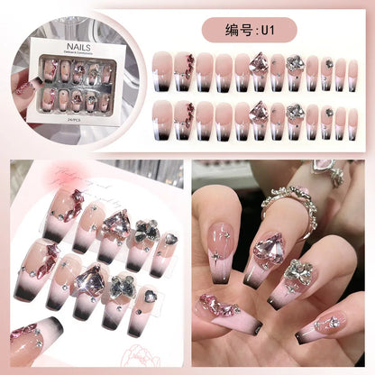 24pcs/box Luxury Pink Long Coffin Fake Nails Y2K Moon Star Rhinestones Press On Nails Handmade Full Cover Reusable False Nails